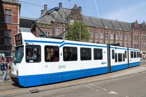 Amsterdam, Netherlands - July 4, 2019: GVB tram. The Gemeentelijk Vervoerbedrijf (GVB) is the municipal public transport operator for Amsterdam, the capital city of the Netherlands.