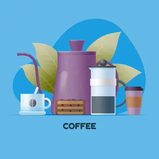 Vector illustration of Coffee composition of coffee pots, cups of coffee, cake and plant leaves.