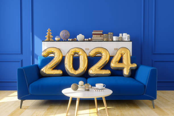 couleur or 2024 année ballons sur canapé bleu - new year wall decoration gift photos et images de collection