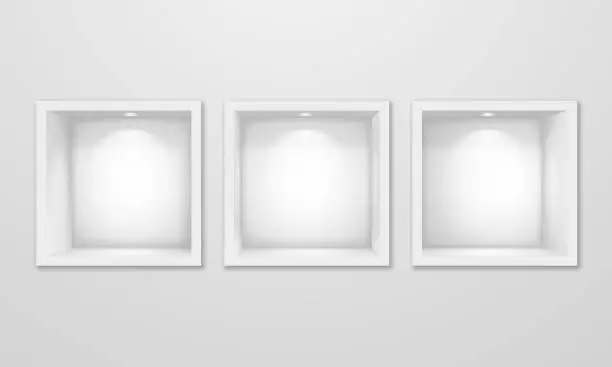 Vector illustration of Empty square niche shelves with lighting in the wall. Vector 3d illustration.
