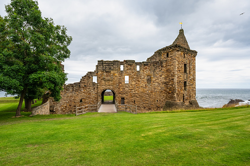 Saint Andrews, Scotland, August 16, 2023: Saint Andrews Castle on the seaside coast, Scotland, UK