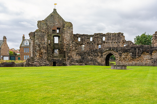 Saint Andrews, Scotland, August 16, 2023: Main facade of Saint Andrews Castle on the east coast of Scotland, UK.