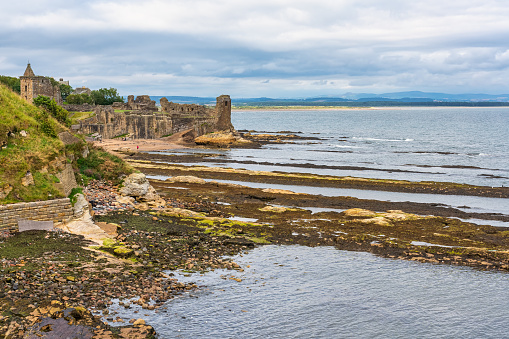 St Andrews, United Kingdom - June 20, 2019: Tourists visit St. Andrews Castle that sits on a rocky promontory overlooking a small beach on the  North Sea, dating from 13th century, St. Andrews, Scotland, Fife coast, UK