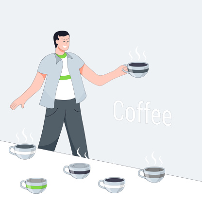Happy character with a cup of coffee. Vector.