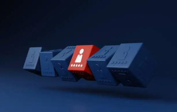 Strategically selecting standout employees who shine in crowd. Explore unique people icons on red cube blocks, representing recruitment, leadership, and career opportunities. 3D render illustration.
