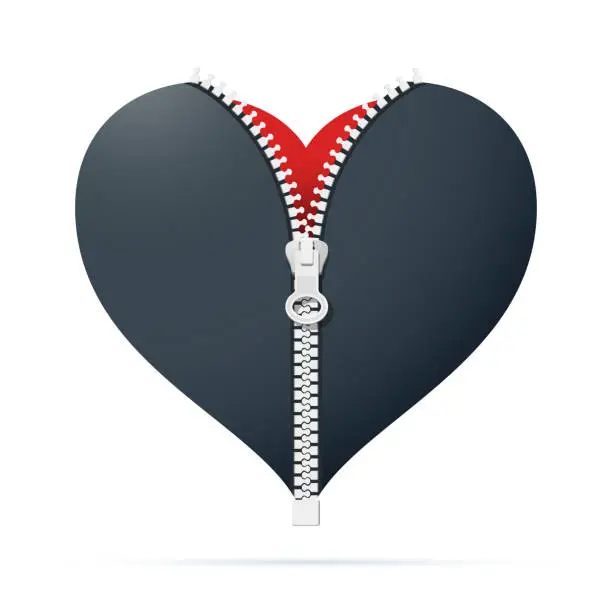 Vector illustration of Red heart in gray clothes zipped up isolated on white background.
