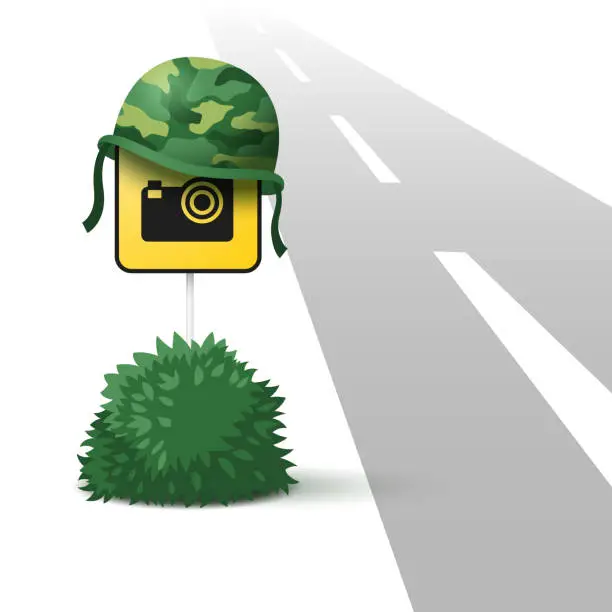 Vector illustration of Speed camera warning sign. The concept of a poorly visible sign on the road.