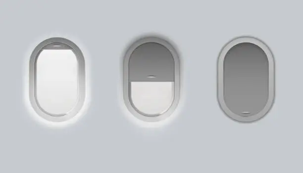 Vector illustration of Set of realistic airplane windows with different shutter positions.