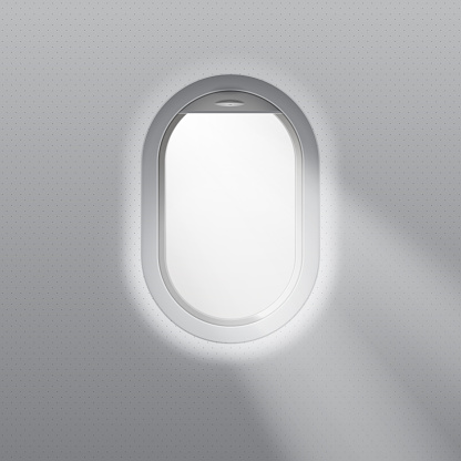 Realistic vector illustration of an airplane porthole with rays of light. Vector.