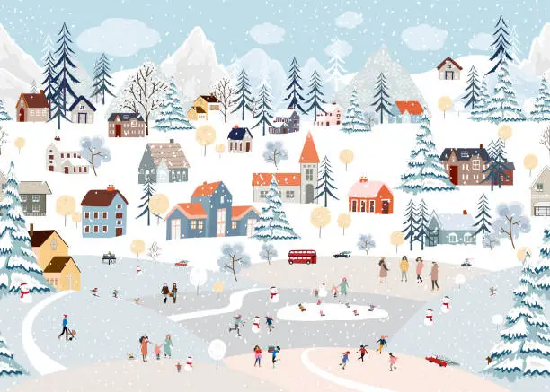 Vector illustration of Seamless pattern Winter landscape,Celebrating Christmas and New Year 2024  in village at night with happy people playing ice skate in the park,Vector horizontal banner winter wonderland in countryside