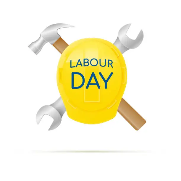 Vector illustration of Labor Day. Construction helmet, hammer and wrench on a white background.