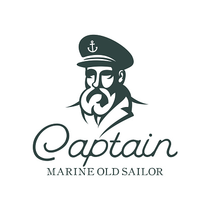 Bearded ship captain or skipper with a pipe and peaked cap for marine nautical logo design for sailor