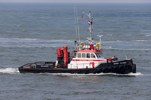 Maasvlakte, Netherlands - July 5, 2019: seagoing tug/workboat Afon Lligwy inbound Rotterdam