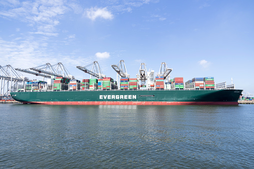 Maasvlakte, Netherlands - July 5, 2019: container ship Ever Given moored at ECT Delta terminal