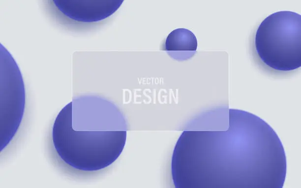 Vector illustration of Trendy color Very Peri. Abstract 3D background with balls and transparent frosted glass frame.