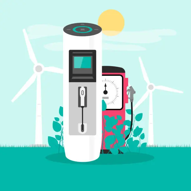 Vector illustration of The concept of switching to electric cars with obsolete fuel. Electric and petrol stations.