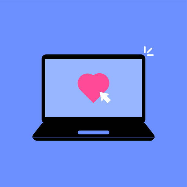 istock laptop with click on like button. flat simple cartoon style trend modern logo graphic design element. concept of love chat and favorite or positive message and open computer 1639713907