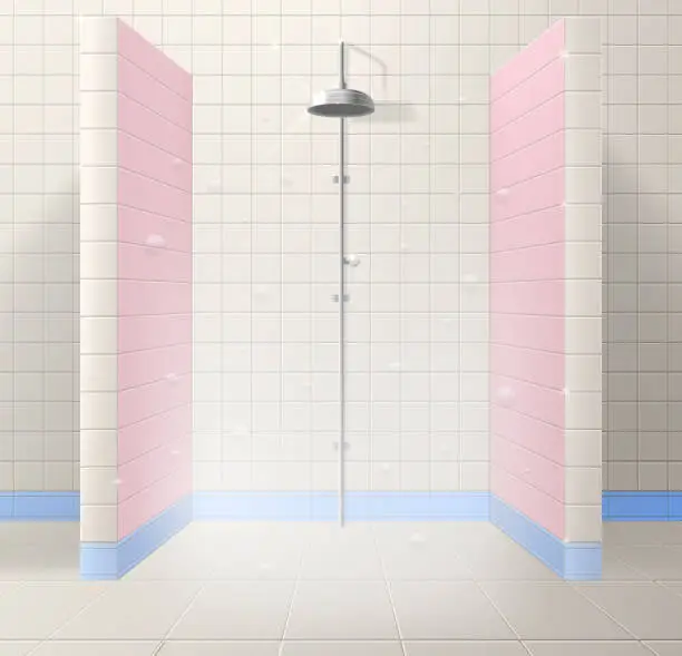 Vector illustration of Shower cubicle made of tiles with a partition. Steam and soap bubbles.