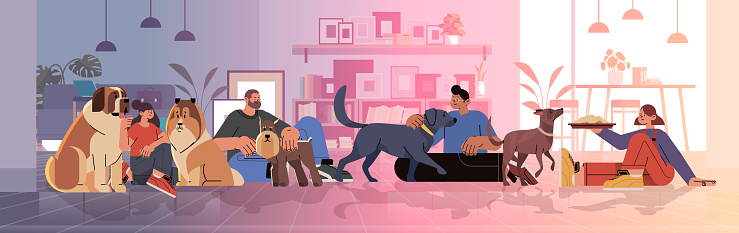 people pet owners playing with cute dogs best friends domestic animal caring for four-footed friend concept modern living room interior horizontal vector illustration