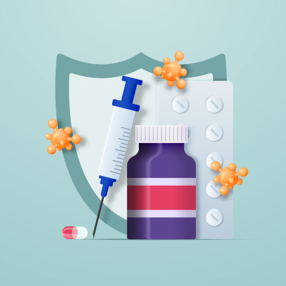 Composition of a syringe, tablets, syringe and viruses. Protection and vaccination concept. Vector 3D illustration.