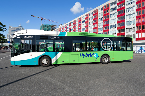 Leiden, Netherlands - July 1, 2019: Arriva Van Hool A300 hybride bus