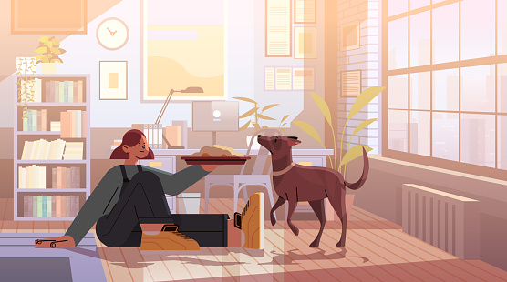 woman pet owner feeding cute dog best friends domestic animal caring for four-footed friend concept modern living room interior horizontal vector illustration