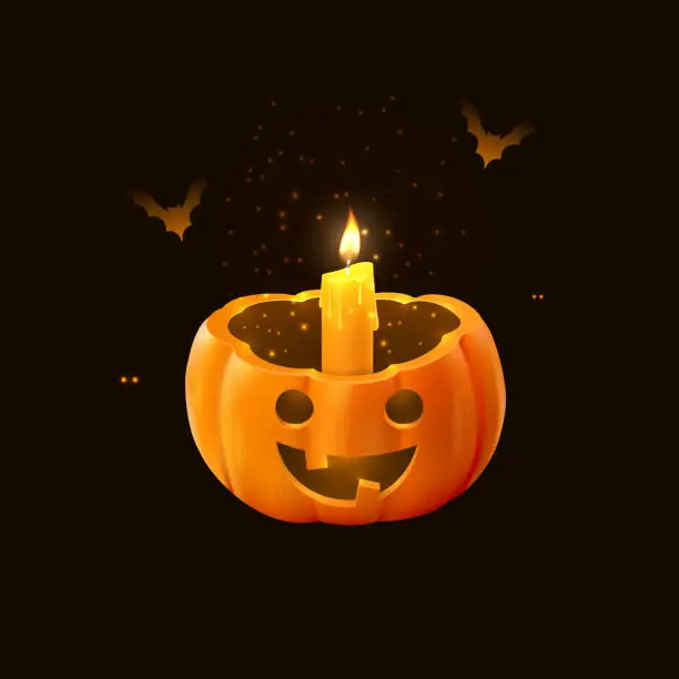 Vector illustration of Halloween pumpkin with candle and bats.