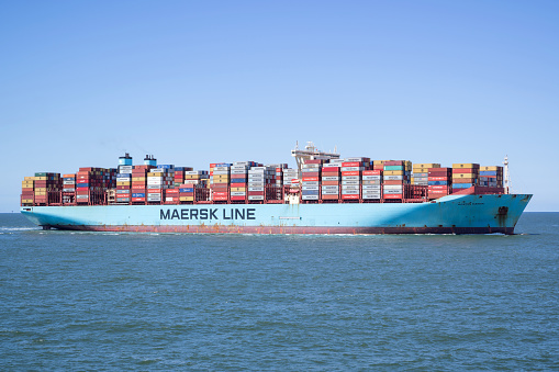 Maasvlakte, Netherlands - July 1, 2019: container ship Morten Maersk inbound Rotterdam