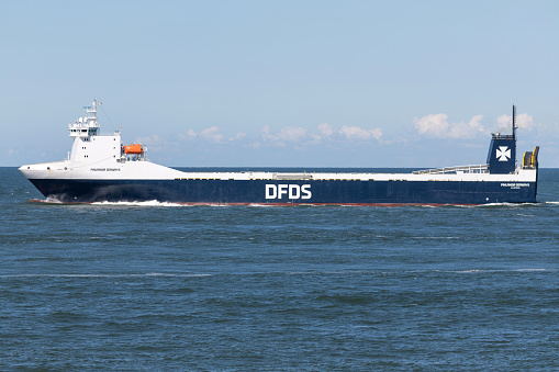 Maasvlakte, Netherlands - July 1, 2019: DFDS Seaways  ro-ro vessel Finlandia Seaways outbound Rotterdam