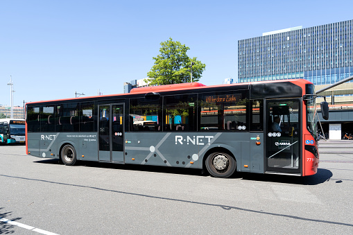 Leiden, Netherlands - June 27, 2019: Arriva R-net Volvo 8900 bus