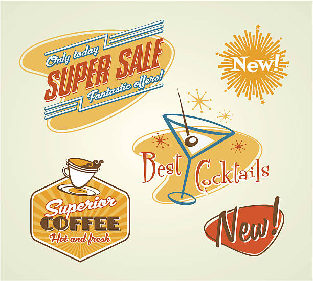 Different Offer Stickers vector on red, orange, blue, white Retro emblem. Vector illustration. 1950s style stock illustrations