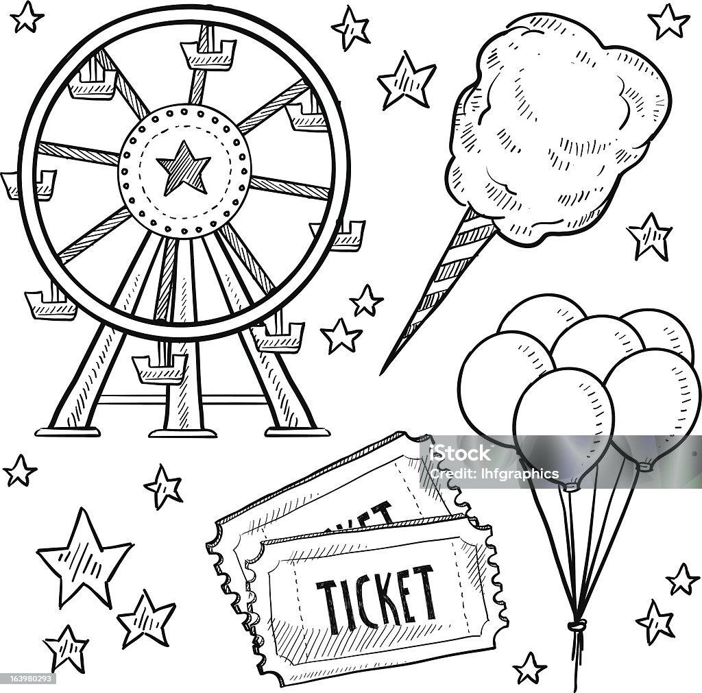Carnival or amusement park items sketch "Doodle style amusement park or carnival equipment sketch in vector format. Includes cotton candy, ferris wheel, balloons, and ticket. EPS10 file format with no transparency effects." Traveling Carnival stock vector