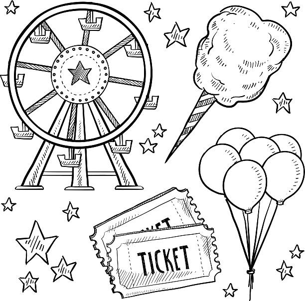 Carnival or amusement park items sketch "Doodle style amusement park or carnival equipment sketch in vector format. Includes cotton candy, ferris wheel, balloons, and ticket. EPS10 file format with no transparency effects." traveling carnival illustrations stock illustrations
