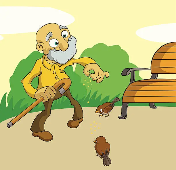 Vector illustration of Old man feed birds