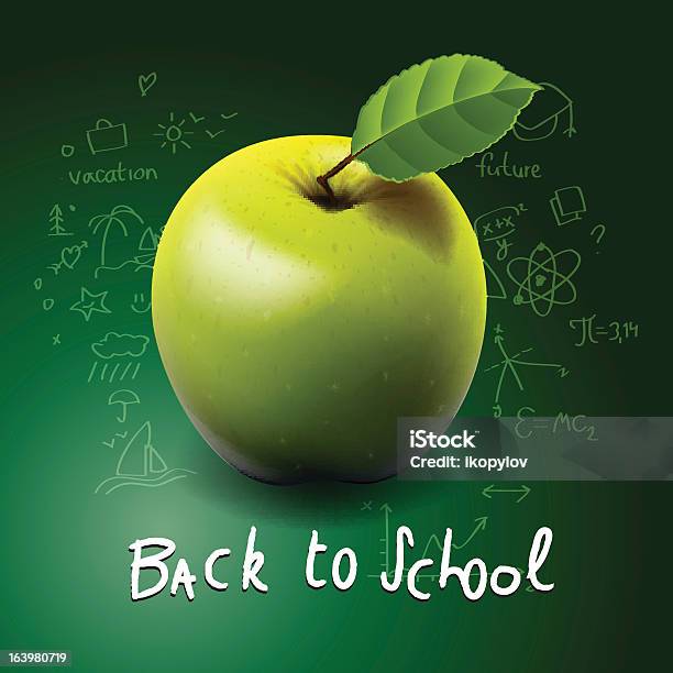 Back To School With Green Apple On Desk Stock Illustration - Download Image Now - 6-7 Years, Apple - Fruit, Back to School