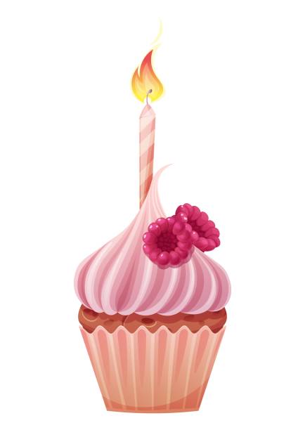 istock Cupcake with a candle on a white background. Happy birthday illustration. Muffin with cream and raspberries. 1639808189