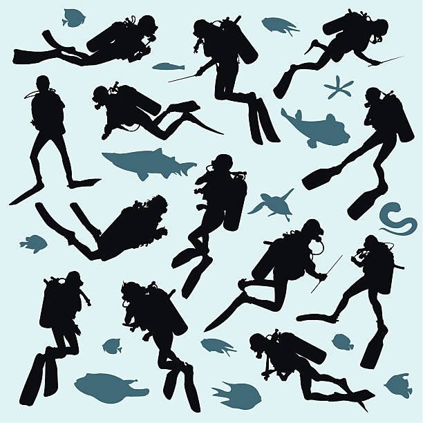 Set of diver silhouettes Set of diver silhouettes and fish undersea diver stock illustrations