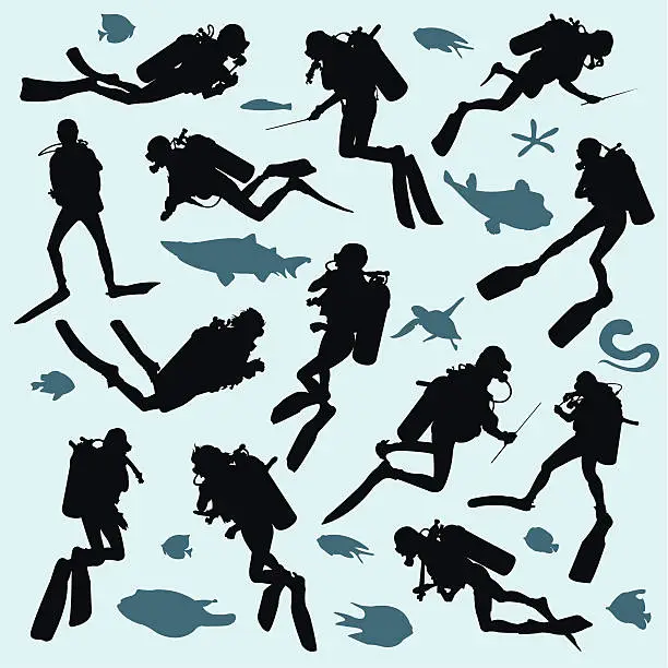 Vector illustration of Set of diver silhouettes