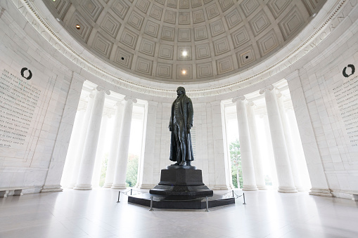 Statue of US president Thomas Jefferson inside Jefferson Memorial monument, Washington DC