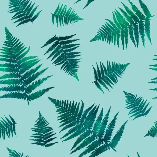 Vector illustration of Watercolor seamless pattern with green leaves fern. Hand drawn floral illustration background.