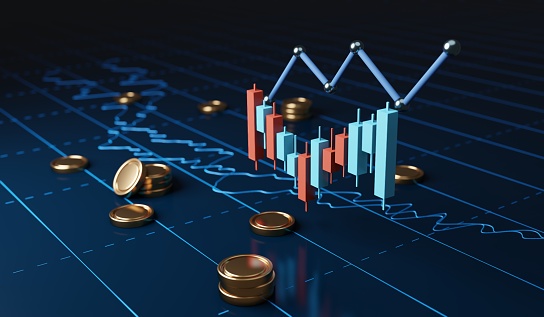 Infographic displaying currency exchange and stock market trends. Analyze data for successful trading and investment strategies. 3d render illustration.