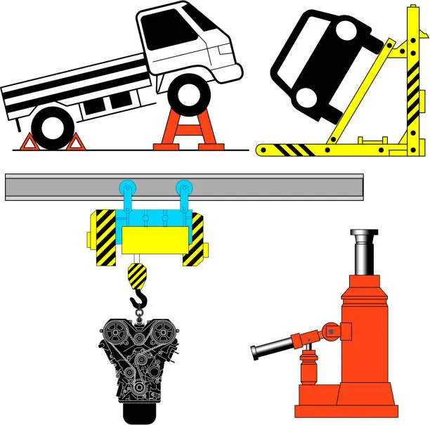 Vector illustration of Set device for lifting a car repair.