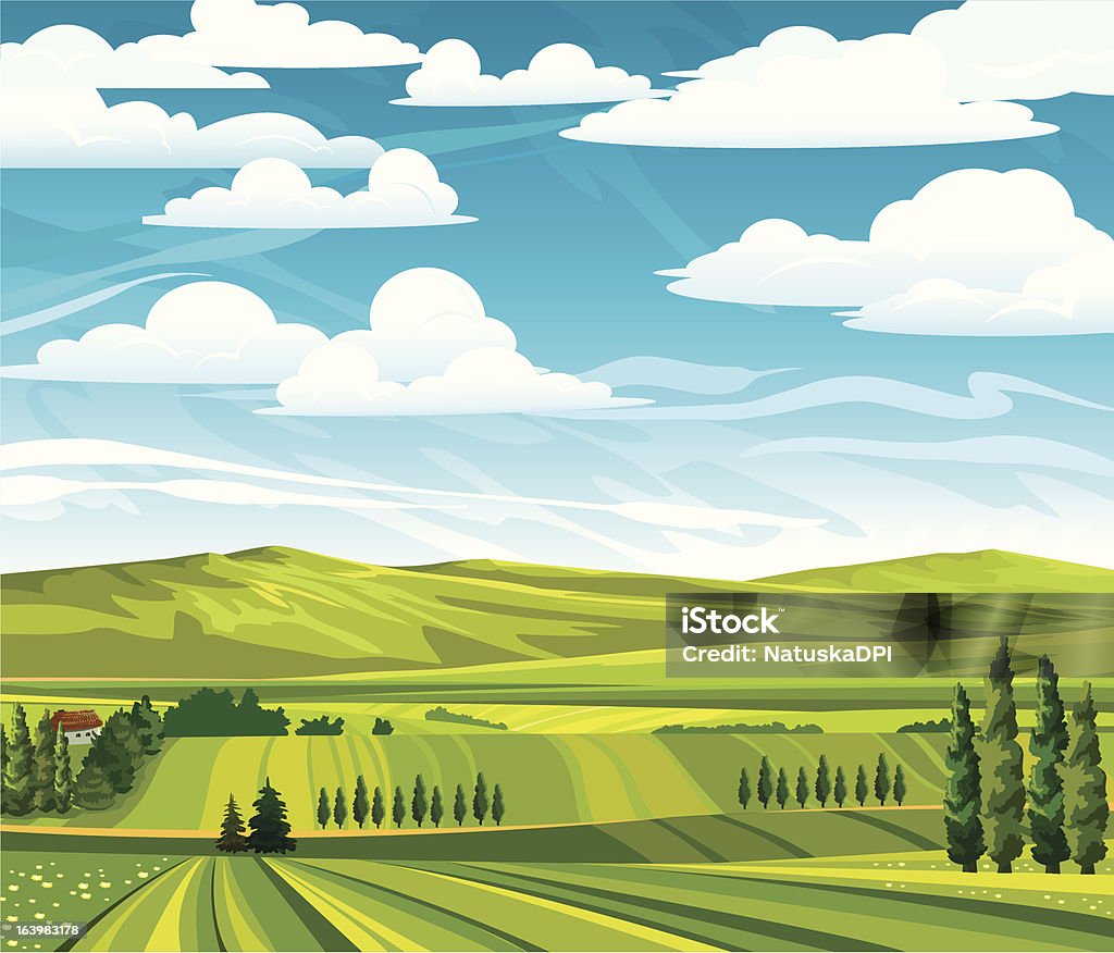 Paisaje de verano con verde meadows - arte vectorial de Ajardinado libre de derechos