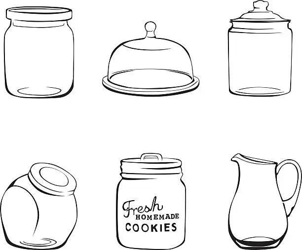 Vector illustration of Kitchen glassware jars, pitcher and glass dome