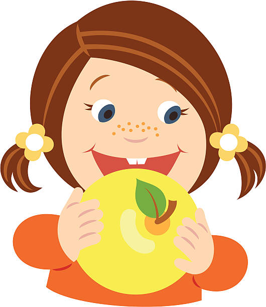 Little girl with apple vector art illustration