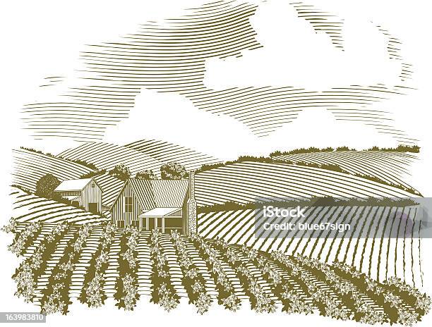 ウッドカットの田舎の農家のビグネットその 2 - 木版画のベクターアート素材や画像を多数ご用意 - 木版画, 雲, 農業