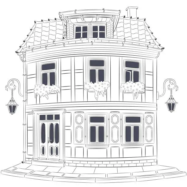 Vector illustration of Black and white drawing of an old half-timbered house isolated on a white background in Wernigerode. Germany.