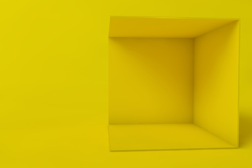 Cube box or corner room interior cross section. yellow empty geometric square 3D blank box template