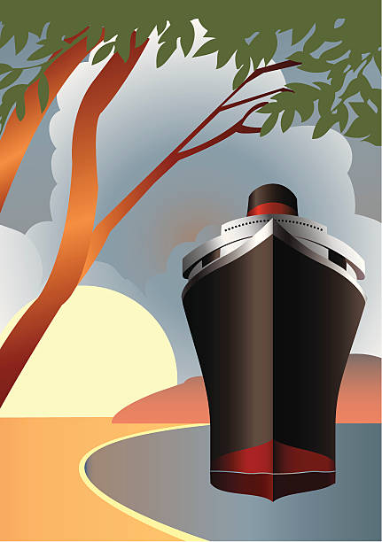 1950s Travel Poster style with a cruise ship docked in a sunny bay.