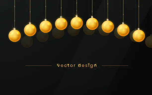 Vector illustration of Golden Christmas toys on a dark glass background. Festive Christmas background.